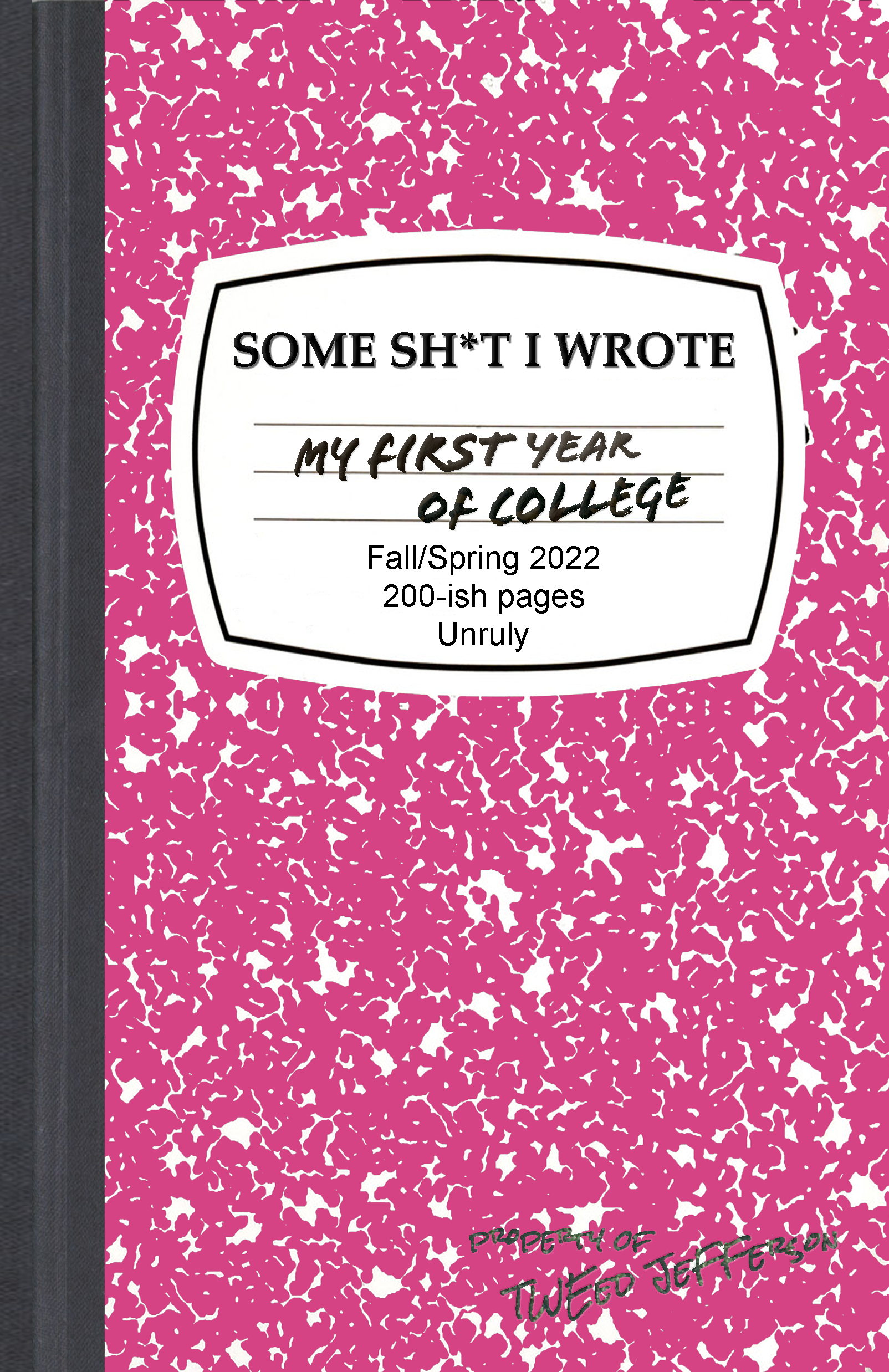 a pink notebook titled Some Shit I Wrote My First Year of College