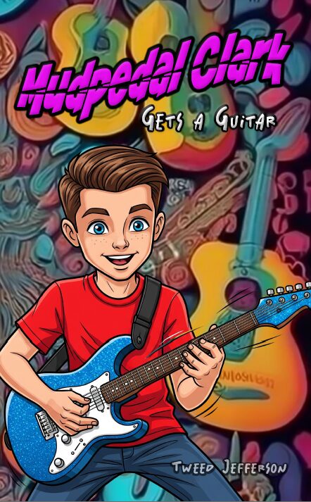 Book cover for mudpedal clark gets a guitar with a boy playing an electric guitar