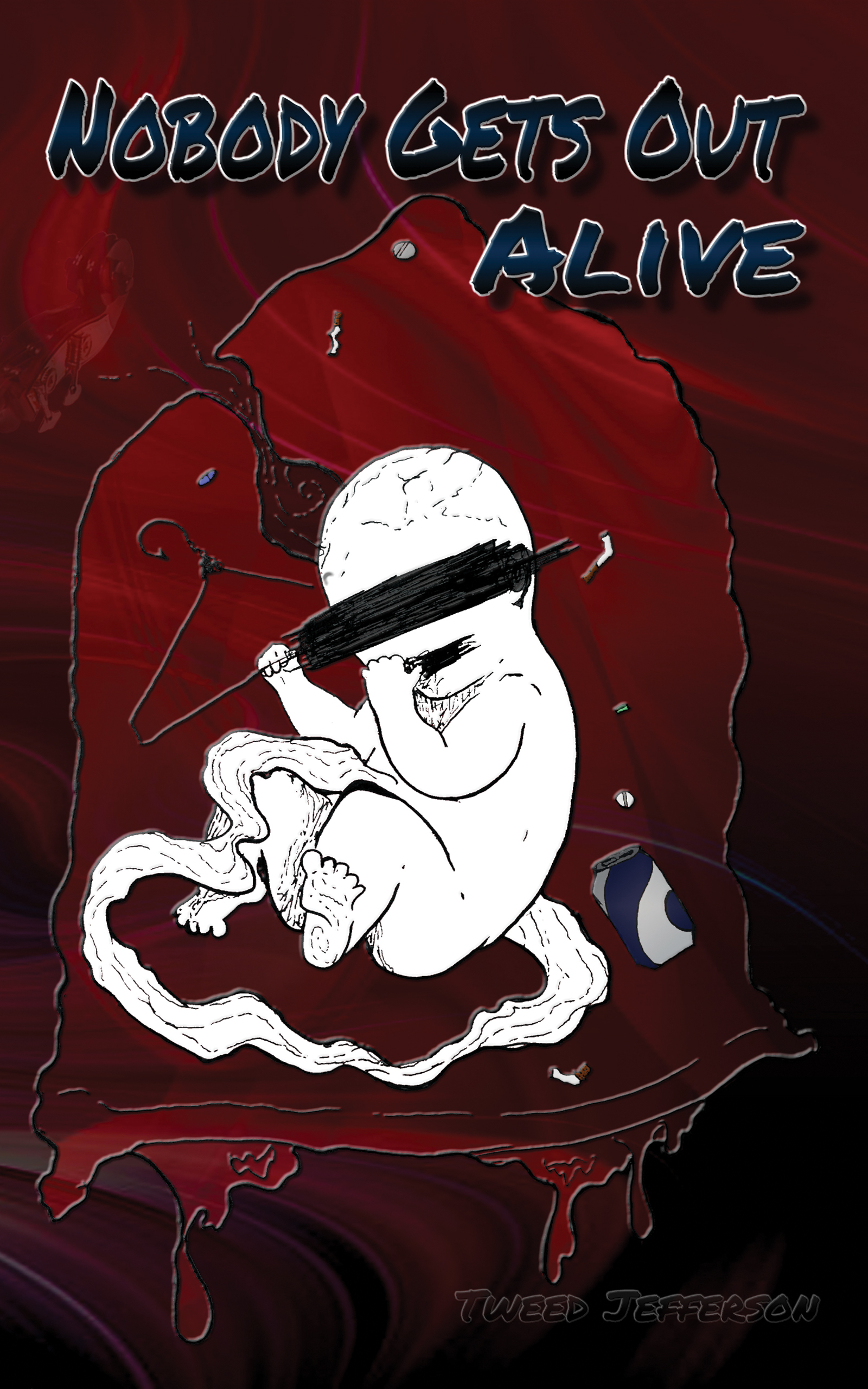 Book cover with a fetus smoking and doing drugs