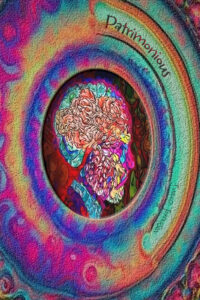 Psychedelic book cover with a mosaic of an old man. Title Patrimonious by Tweed Jefferson