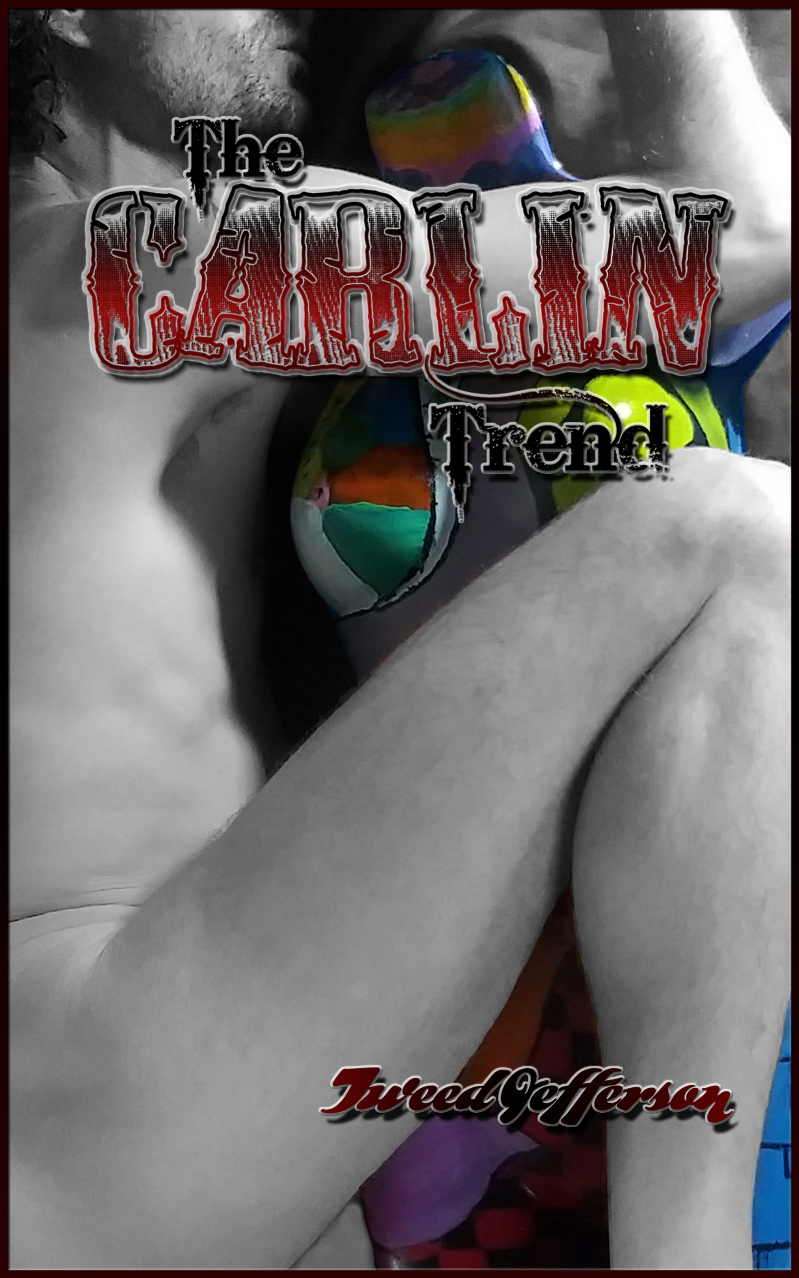 the carlin trend book cover with Tweed Jefferson reenacting the John and Yoko Rolling Stone cover, but with a painted mannequin torso