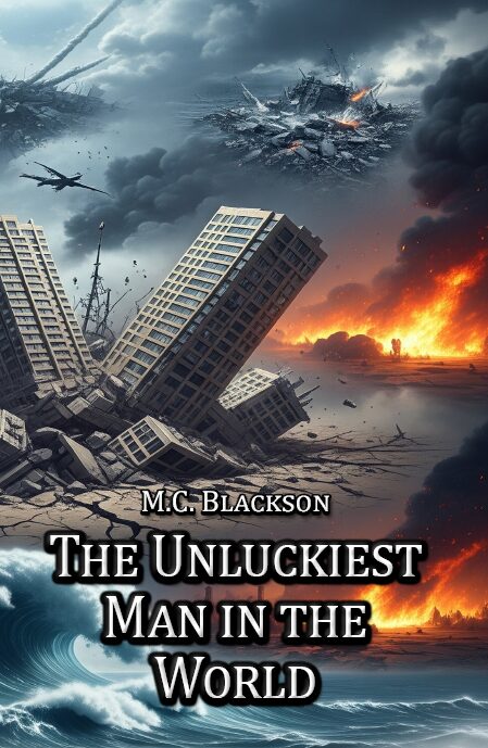 unluckiest man in the world book cover with buildings collapsing and plane crashes