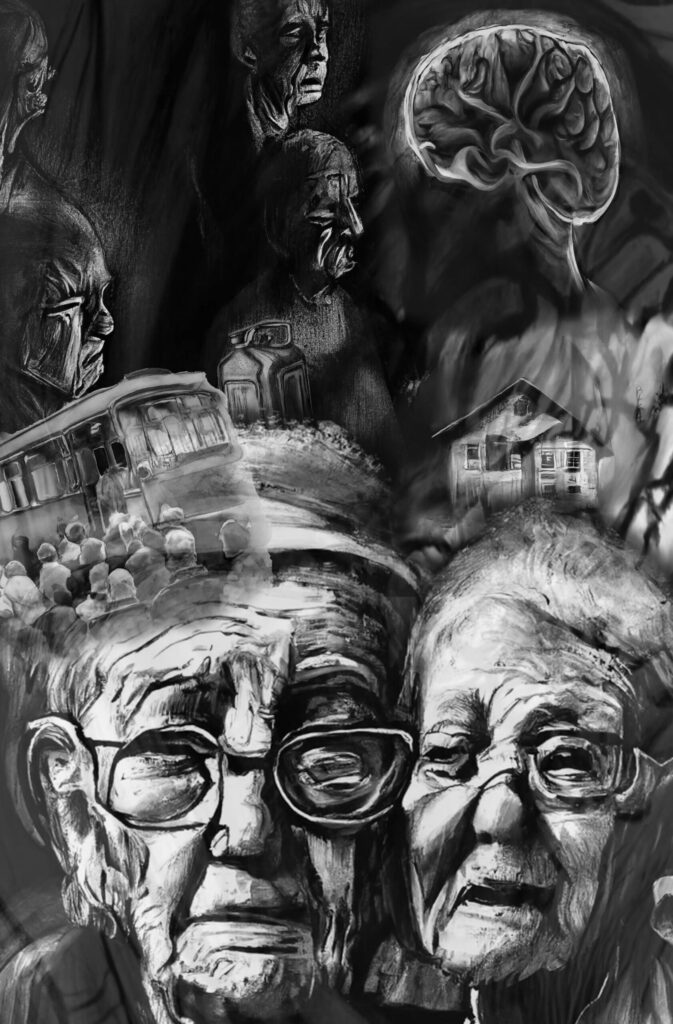 Illustrations for the first Fresno segment of Patrimonious, including elderly people, a bus, and a burning house.