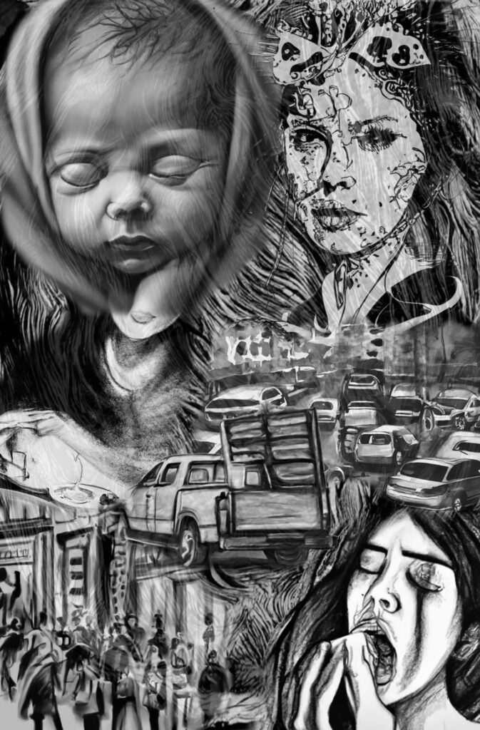 A collage of illustrations to go with the book Patrimonious, including the baby, Todd, the baby-mama, Amber, and the ex-wife Samantha Salomon