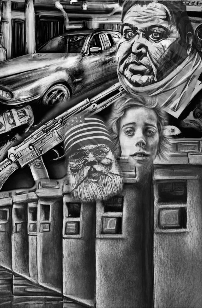 A charcoal illustration of the characters from the Garage/ATM chapter of Patrimonious, Brad Marsoobian, Dave McColm and the other dave.