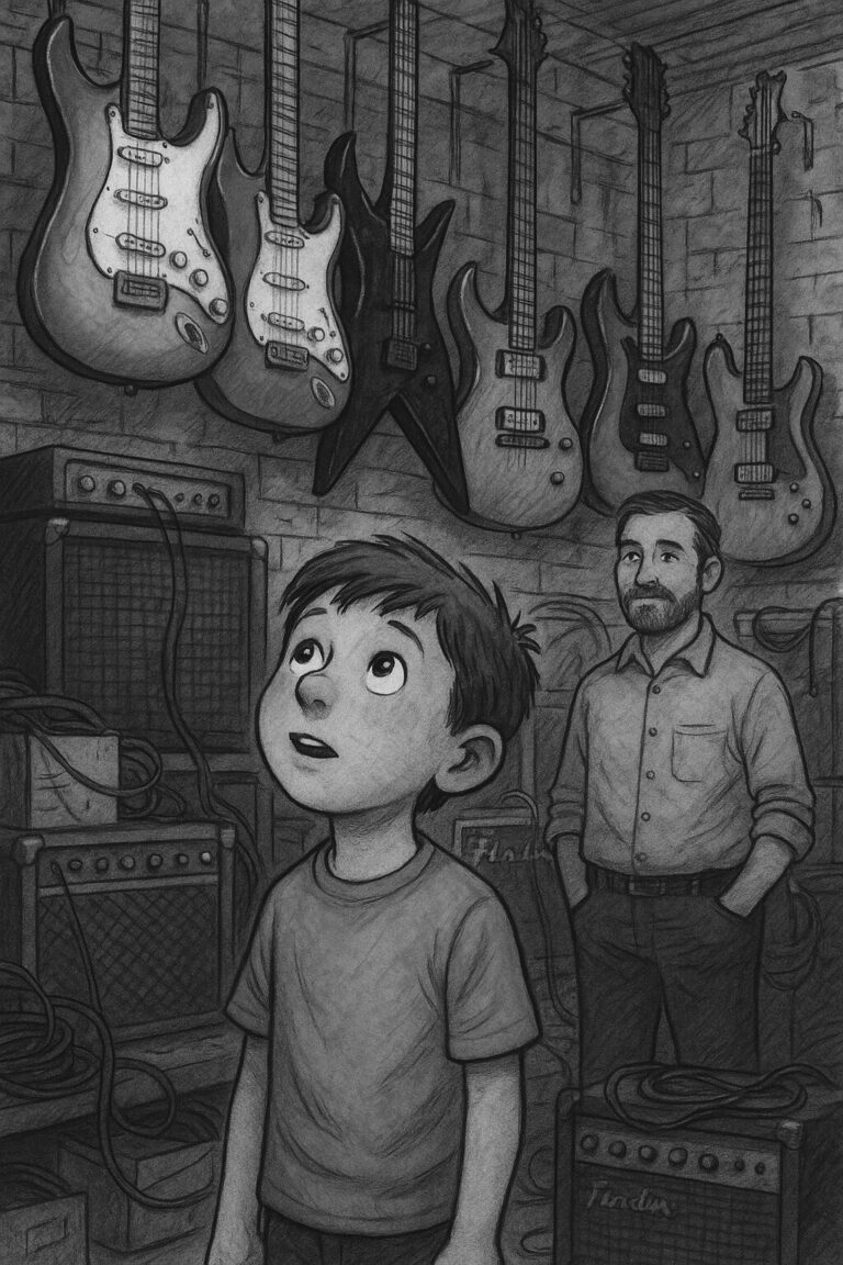 Mudpedal Clark looks at all of the guitars on the wall while his dad stands in the background