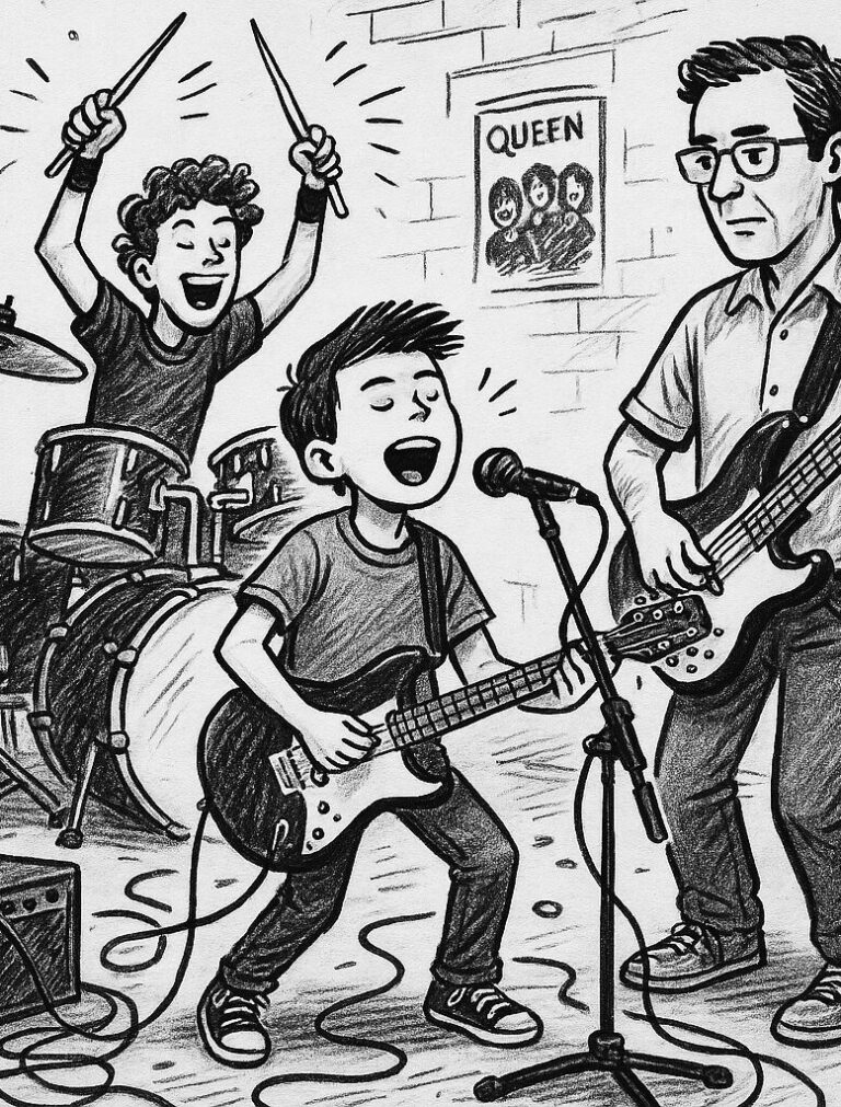 Mudpedal, Corky, and Mudpedal's Dad start a band