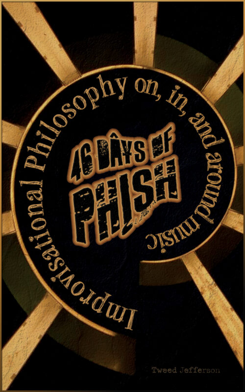 Book cover for 46 Days of Phish with the title words in a fish shape in the middle of a spiral staircase on black background